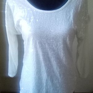 White Sequin Shirt with Lace Back Size M